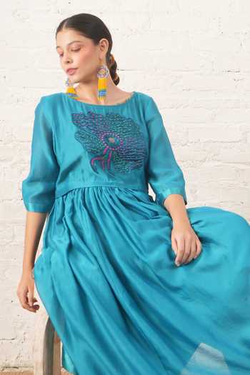 Buy_Myoho_Blue Chanderi Embroidery, Beads, Applique Round Neck Bodice Dress 