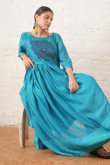 Shop_Myoho_Blue Chanderi Embroidery, Beads, Applique Round Neck Bodice Dress 
