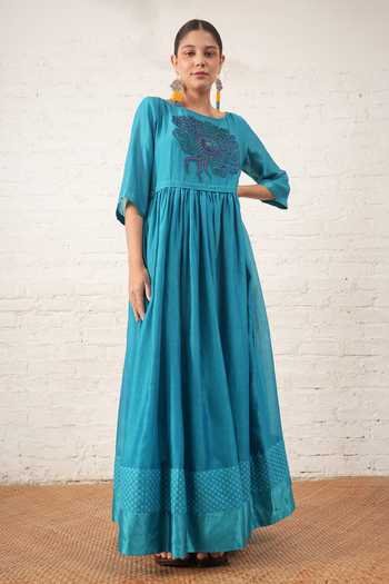 Myoho_Blue Chanderi Embroidery, Beads, Applique Round Neck Bodice Dress _Online