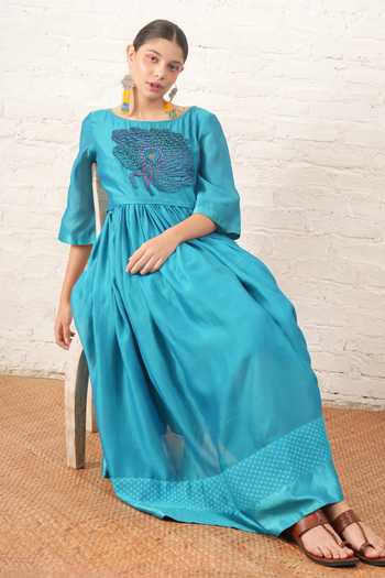 Buy_Myoho_Blue Chanderi Embroidery, Beads, Applique Round Neck Bodice Dress _Online