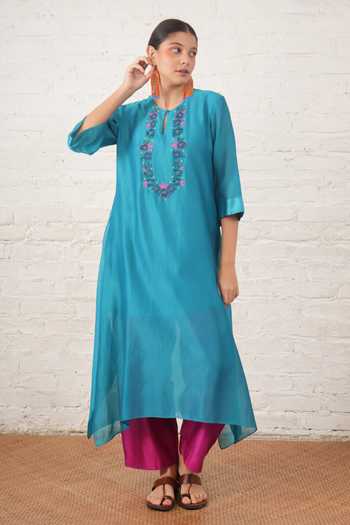 Buy_Myoho_Blue Chanderi Embroidery, Beads Keyhole Neck, Yes Hand Pure Kurta And Pant Set _at_Aza_Fashions