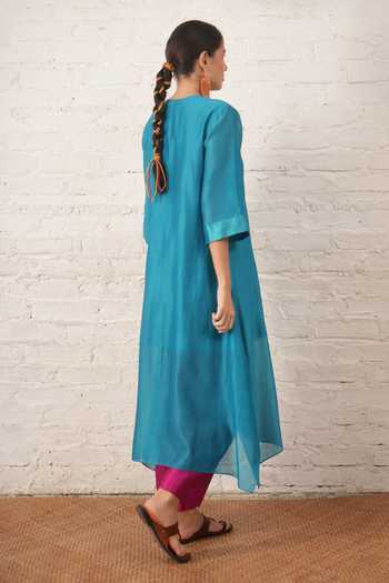 Shop_Myoho_Blue Chanderi Embroidery, Beads Keyhole Neck, Yes Hand Pure Kurta And Pant Set _at_Aza_Fashions