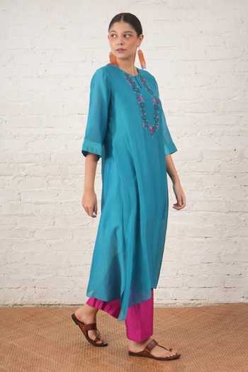 Buy_Myoho_Blue Chanderi Embroidery, Beads Keyhole Neck, Yes Hand Pure Kurta And Pant Set _Online_at_Aza_Fashions