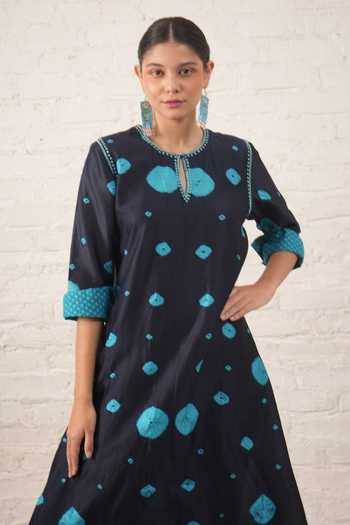 Buy_Myoho_Blue Chanderi Embroidery Bandhani Pattern Kurta And Pant Set _Online_at_Aza_Fashions