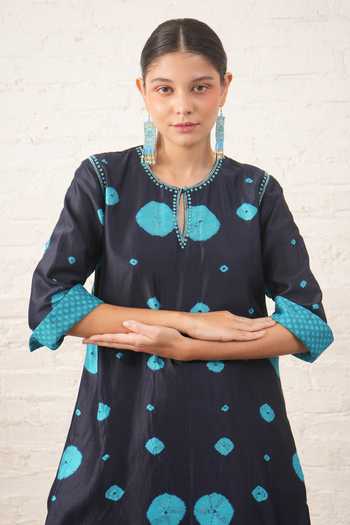 Myoho_Blue Chanderi Embroidery Bandhani Pattern Kurta And Pant Set _at_Aza_Fashions