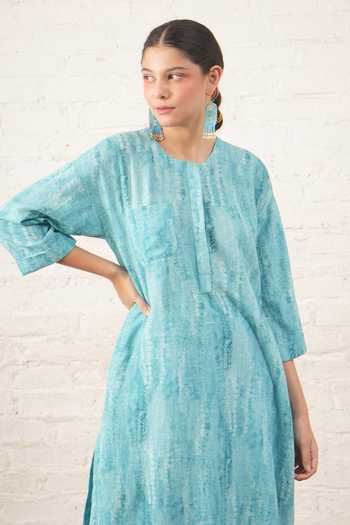 Buy_Myoho_Blue Cotton, Linen Printed Kurta And Pant Set _Online_at_Aza_Fashions