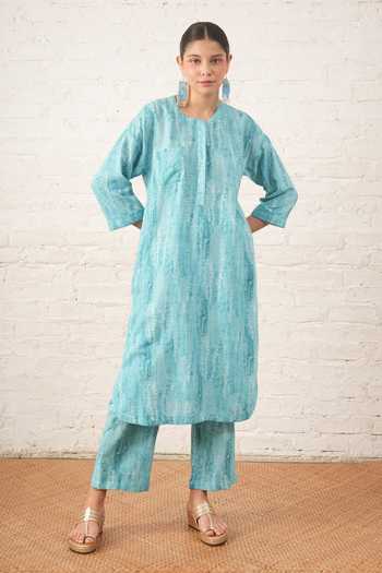 Buy_Myoho_Blue Cotton, Linen Printed Kurta And Pant Set _at_Aza_Fashions