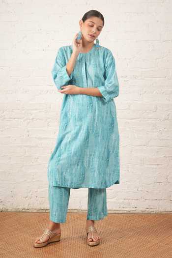Myoho_Blue Cotton, Linen Printed Kurta And Pant Set _at_Aza_Fashions