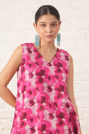 Myoho_Pink Chanderi V-neck Floral Print Kurta And Pant Set _Online_at_Aza_Fashions