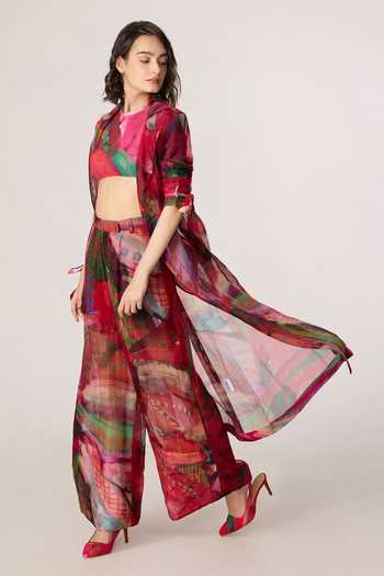 Saaksha & Kinni_Pink Silk Organza Collared Belen Printed Trench Coat _at_Aza_Fashions