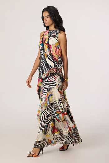 Saaksha & Kinni_Multi Color Crepe, Chiffon Ruffles Keyhole Neck Coral Abstract Pattern Dress _Online_at_Aza_Fashions