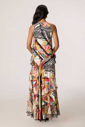 Shop_Saaksha & Kinni_Multi Color Crepe, Chiffon Ruffles Keyhole Neck Coral Abstract Pattern Dress _at_Aza_Fashions