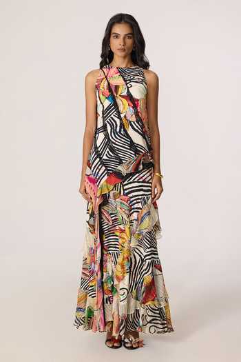 Buy_Saaksha & Kinni_Multi Color Crepe, Chiffon Ruffles Keyhole Neck Coral Abstract Pattern Dress _Online_at_Aza_Fashions