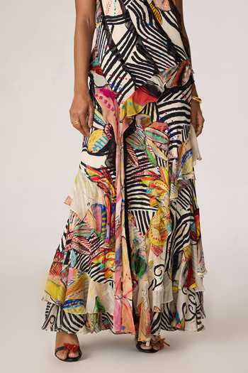 Shop_Saaksha & Kinni_Multi Color Crepe, Chiffon Ruffles Keyhole Neck Coral Abstract Pattern Dress _Online_at_Aza_Fashions