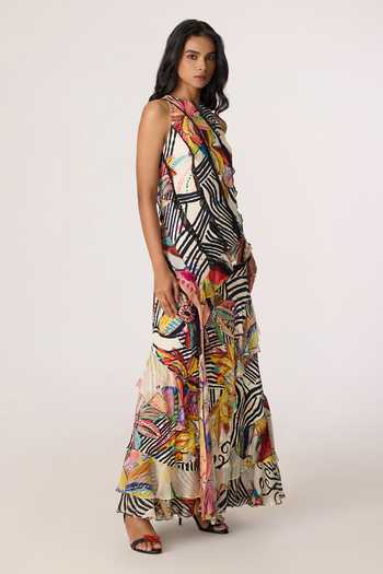 Saaksha & Kinni_Multi Color Crepe, Chiffon Ruffles Keyhole Neck Coral Abstract Pattern Dress _at_Aza_Fashions