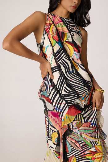 Buy_Saaksha & Kinni_Multi Color Crepe, Chiffon Ruffles Keyhole Neck Coral Abstract Pattern Dress 