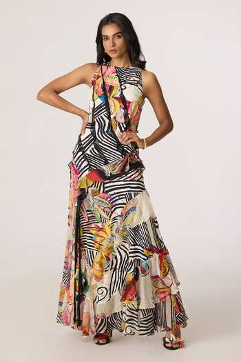 Buy_Saaksha & Kinni_Multi Color Crepe, Chiffon Ruffles Keyhole Neck Coral Abstract Pattern Dress _at_Aza_Fashions