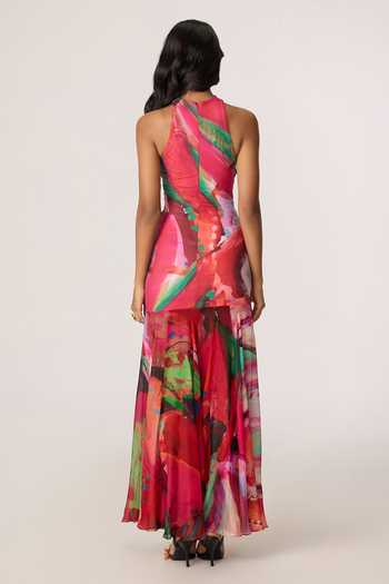 Shop_Saaksha & Kinni_Pink Chiffon, Jersey Halter Neck Gemma Pattern Maxi Dress _at_Aza_Fashions