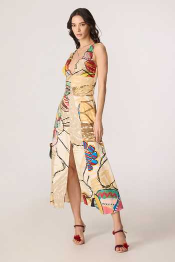 Saaksha & Kinni_Multi Color Cotton, Lycra Plunge Neck Erika Printed Dress _Online_at_Aza_Fashions