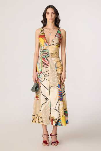 Shop_Saaksha & Kinni_Multi Color Cotton, Lycra Plunge Neck Erika Printed Dress _Online_at_Aza_Fashions