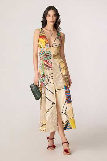 Buy_Saaksha & Kinni_Multi Color Cotton, Lycra Plunge Neck Erika Printed Dress _at_Aza_Fashions