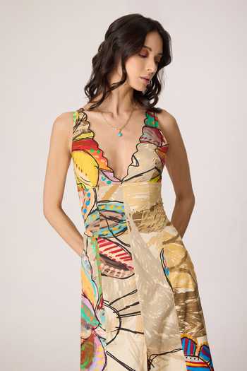 Saaksha & Kinni_Multi Color Cotton, Lycra Plunge Neck Erika Printed Dress _at_Aza_Fashions