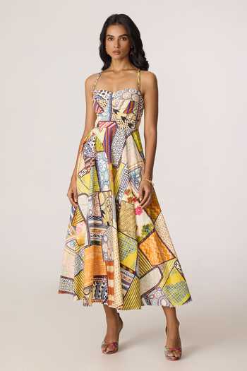 Buy_Saaksha & Kinni_Multi Color Cotton, Cambric Sweetheart Neck Marilyn Pattern Midi Dress _Online_at_Aza_Fashions