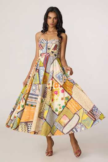 Buy_Saaksha & Kinni_Multi Color Cotton, Cambric Sweetheart Neck Marilyn Pattern Midi Dress _at_Aza_Fashions