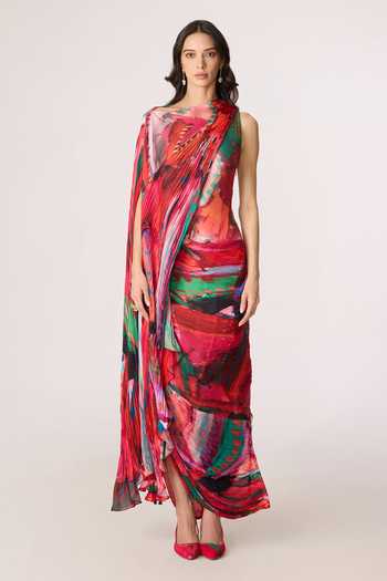 Saaksha & Kinni_Multi Color Chiffon, Jersey, Polyester One Valen Printed Asymmetric Dress _Online_at_Aza_Fashions