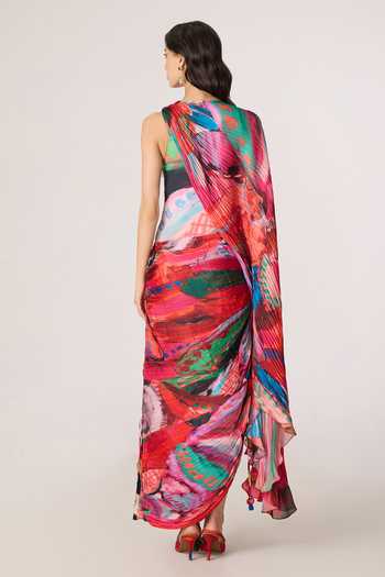 Shop_Saaksha & Kinni_Multi Color Chiffon, Jersey, Polyester One Valen Printed Asymmetric Dress _at_Aza_Fashions