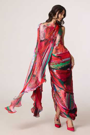 Shop_Saaksha & Kinni_Multi Color Chiffon, Jersey, Polyester One Valen Printed Asymmetric Dress _Online_at_Aza_Fashions