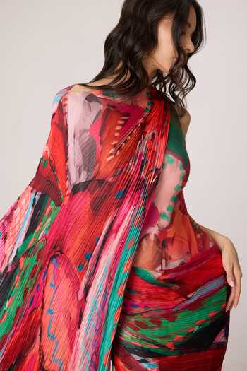 Saaksha & Kinni_Multi Color Chiffon, Jersey, Polyester One Valen Printed Asymmetric Dress _at_Aza_Fashions