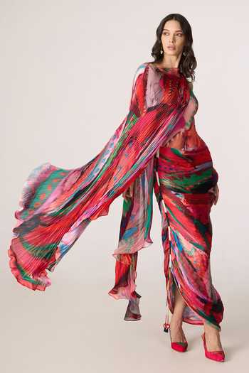 Shop_Saaksha & Kinni_Multi Color Chiffon, Jersey, Polyester One Valen Printed Asymmetric Dress 
