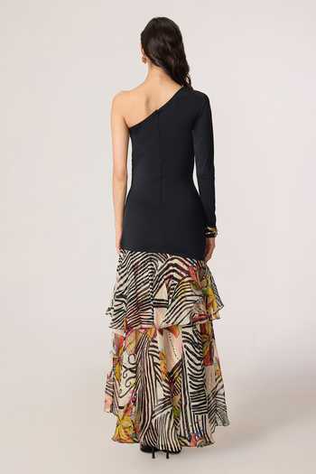 Shop_Saaksha & Kinni_Black Chiffon, Lycra Ruffles One Shoulder Lima Abstract Print Dress _at_Aza_Fashions