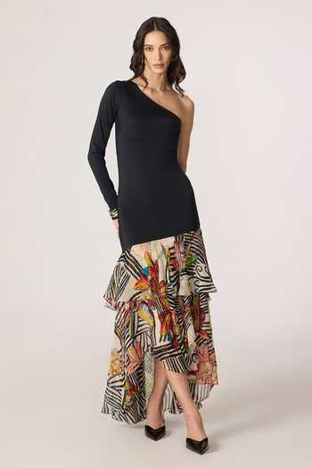 Buy_Saaksha & Kinni_Black Chiffon, Lycra Ruffles One Shoulder Lima Abstract Print Dress _at_Aza_Fashions