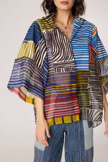 Saaksha & Kinni_Multi Color Cotton, Silk Organza Collared Bellamy Printed Shirt _at_Aza_Fashions