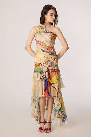 Buy_Saaksha & Kinni_Multi Color Silk, Cotton, Chiffon One Shoulder Viveka Pattern Maxi Dress _at_Aza_Fashions