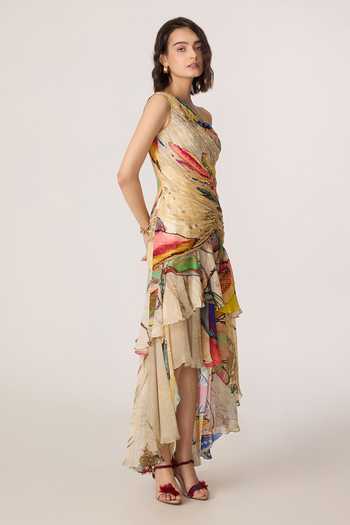 Saaksha & Kinni_Multi Color Silk, Cotton, Chiffon One Shoulder Viveka Pattern Maxi Dress _Online_at_Aza_Fashions
