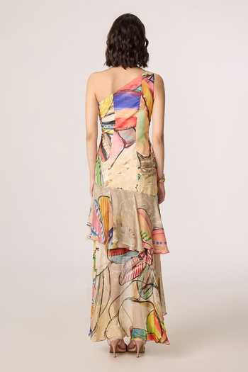 Shop_Saaksha & Kinni_Multi Color Silk, Cotton, Chiffon One Shoulder Viveka Pattern Maxi Dress _at_Aza_Fashions