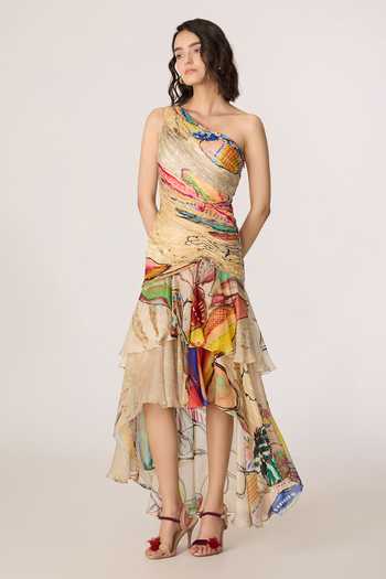 Saaksha & Kinni_Multi Color Silk, Cotton, Chiffon One Shoulder Viveka Pattern Maxi Dress _at_Aza_Fashions