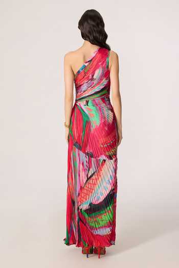 Shop_Saaksha & Kinni_Pink Satin, Polyester One Shoulder Cleo Print Draped Dress _at_Aza_Fashions
