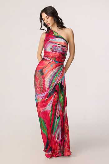 Buy_Saaksha & Kinni_Pink Satin, Polyester One Shoulder Cleo Print Draped Dress _at_Aza_Fashions