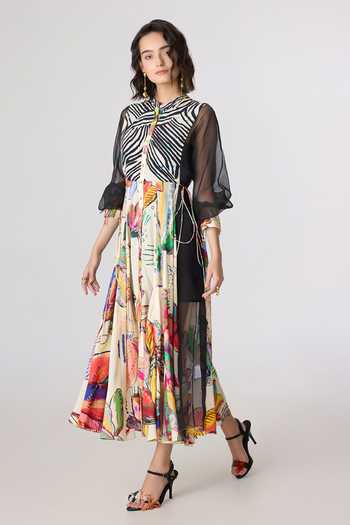 Saaksha & Kinni_Multi Color Chanderi, Silk Organza Mandarin Collar Sonam Maxi Dress _Online_at_Aza_Fashions
