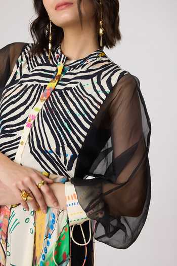 Shop_Saaksha & Kinni_Multi Color Chanderi, Silk Organza Mandarin Collar Sonam Maxi Dress _Online_at_Aza_Fashions