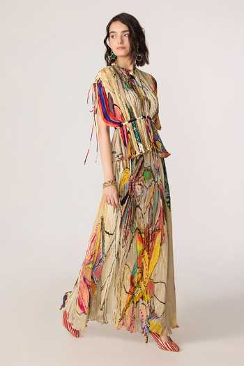 Saaksha & Kinni_Multi Color Silk, Cotton Round Neck Monica Printed Blouse _at_Aza_Fashions
