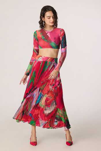 Saaksha & Kinni_Pink Chiffon, Jersey, Polyester Zora Printed Skirt _Online