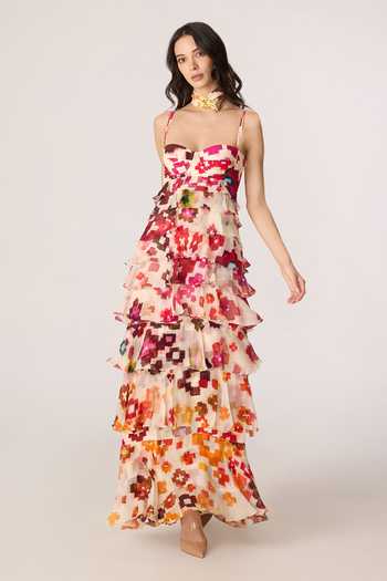 Buy_Saaksha & Kinni_Multi Color Crepe, Chiffon Sweetheart Neck Martina Printed Dress _at_Aza_Fashions