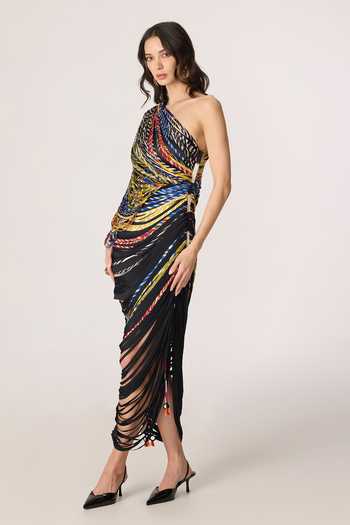 Saaksha & Kinni_Multi Color Chiffon, Lycra Embroidery, Mirrors, Tassels One Viola Print Dress _Online_at_Aza_Fashions