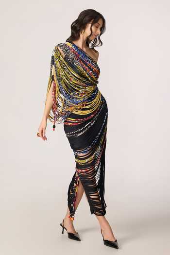 Buy_Saaksha & Kinni_Multi Color Chiffon, Lycra Embroidery, Mirrors, Tassels One Viola Print Dress _Online_at_Aza_Fashions