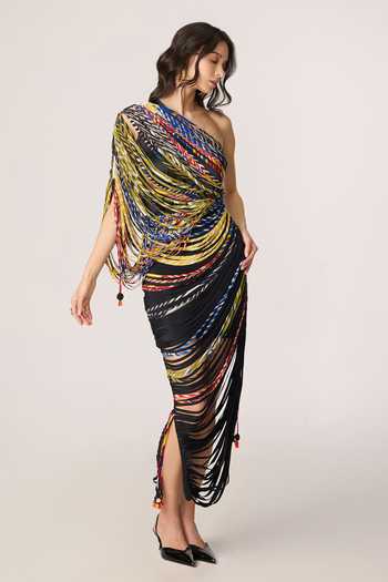 Saaksha & Kinni_Multi Color Chiffon, Lycra Embroidery, Mirrors, Tassels One Viola Print Dress _at_Aza_Fashions